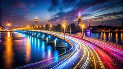 Fototapeta premium Cairo Night Photography: 6 October Bridge Nile River Long Exposure