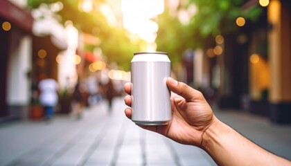 Hand holding a refreshing beverage can in a lively urban street bright daylight street photography perspective