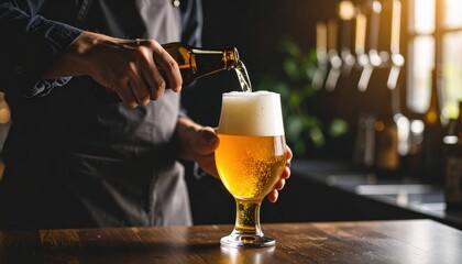 Pouring craft beer into a glass brewery interior food photography warm lighting close-up beverage experience
