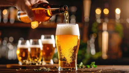 Craft beer pouring event in a rustic bar beverage photography with cozy atmosphere