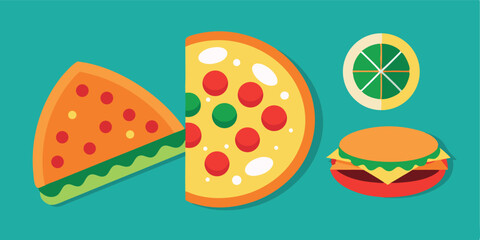 Whole pepperoni pizza pie with loose slice icon for food apps and web