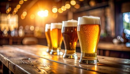 Tasting craft beers at a cozy brewery rustic bar photo collection warm atmosphere close-up view brewing culture