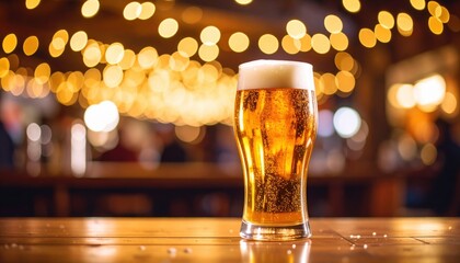 Celebratory beer glass on wooden bar festive pub atmosphere warm bokeh lighting beverage photography