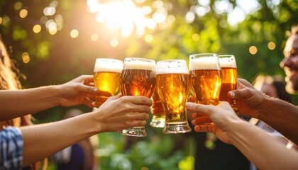 Celebratory toast with beer outdoor garden social gathering sunny day close-up view friendship and joy