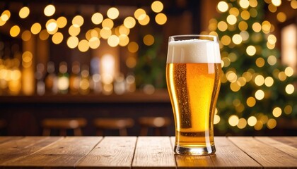 Refreshing beer glass at a cozy bar holiday ambiance nighttime warm atmosphere