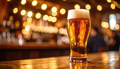Refreshing beer glass displayed in cozy bar evening ambiance photography