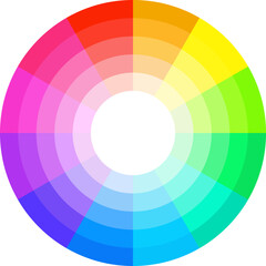 Color wheel spectrum chart with gradient rainbow hues. Circular color palette showing full spectrum of colors for design and art education.