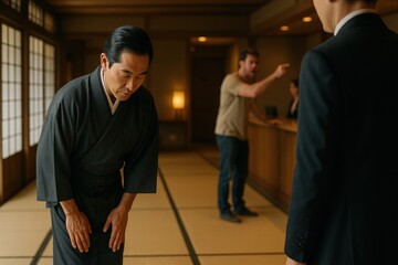 A japanese man in traditional attire bows respectfully in a serene setting, while a western man gestures animatedly in the background, embodying cultural dynamics in a business context.