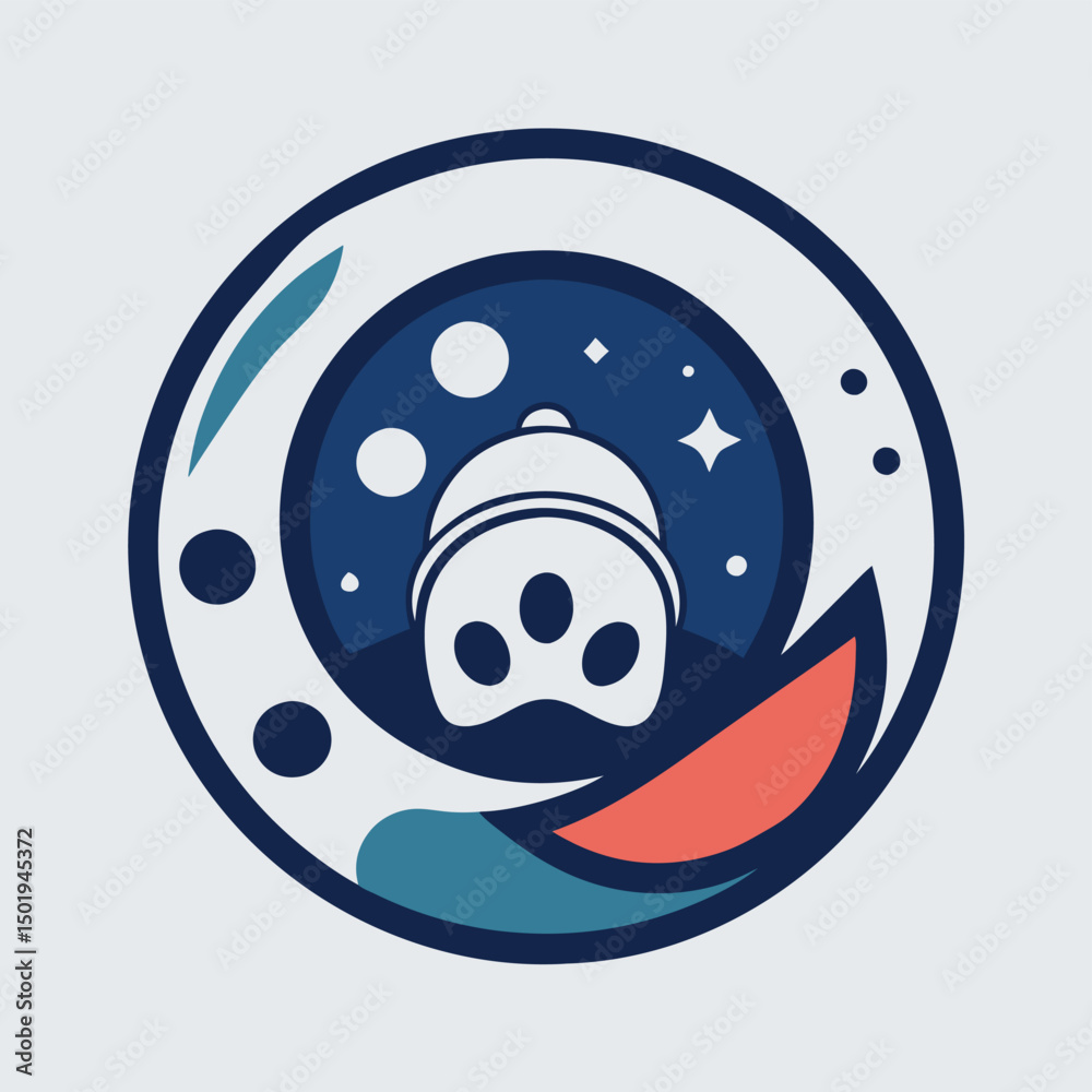 Poster cute animal astronaut logo design featuring a paw print in space with planets and stars on a dark ba