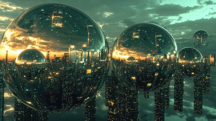 Floating city reflected in large spherical structures.