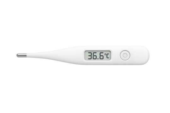 Electronic thermometer displaying normal temperature reading on clear backdrop, emphasizing sleek medical device functionality