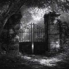  historic stone entrance gate with ornate iron metalwork casting dramatic shadows black white monochrome photography ancient masonry walls decorative scrollwork medieval architecture