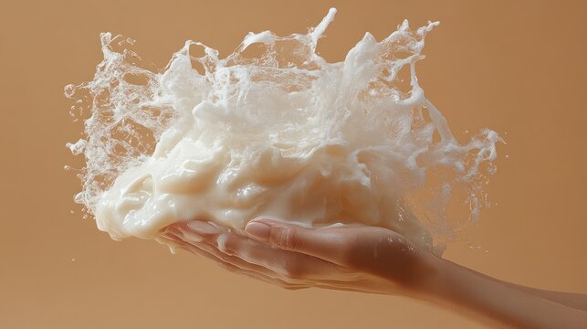 Creamy white foam erupts from a hand held in front of a tan background