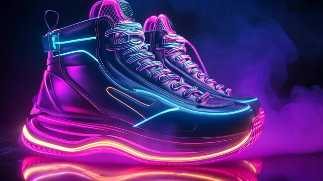 Fashionable high top sneakers with a neon, glow in the dark design. The shoes are illuminated with vibrant colors and feature a futuristic look.