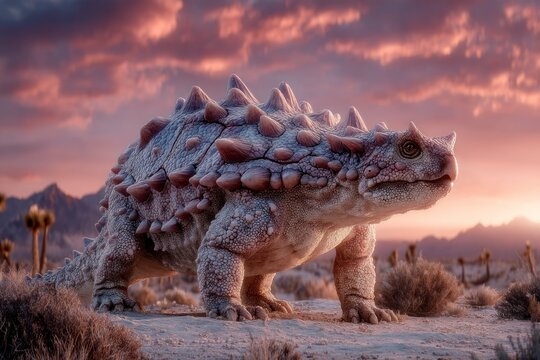 Prehistoric creature in a dramatic sunset landscape featuring rugged terrain and vivid sky col