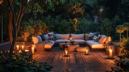 Luxurious outdoor lounge area. Terrace with pergola, rattan furniture and decorative lighting.