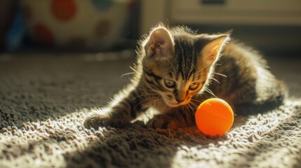 A cute kitten is playing with an orange ball.