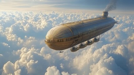 Naklejka premium Golden airship gliding through fluffy clouds.