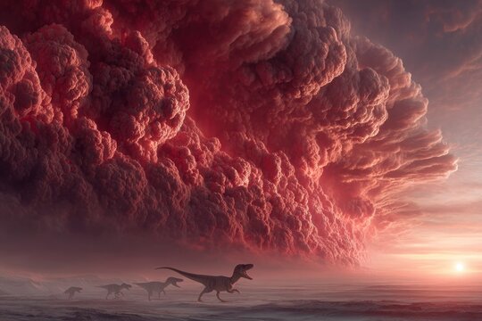 Prehistoric Creatures Under a Fiery Sky Dinosaurs Roaming in an Apocalyptic Landscape with Dra