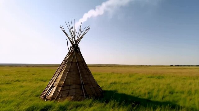 Isolated teepee stands in a spacious prairie under the blue sky, with tall grasses waving in foreground and flat horizon in distance.