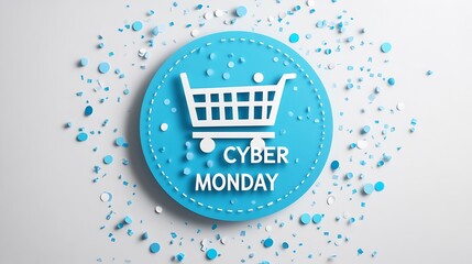 Blue circular cyber monday sale graphic with confetti.