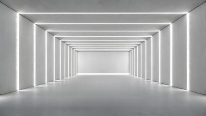 Obraz premium Minimalist White Corridor with Linear LED Lighting and Symmetrical Geometry