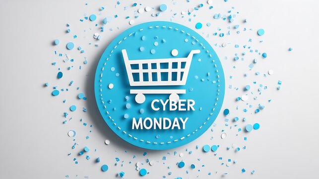 Blue circular cyber monday sale graphic with confetti.