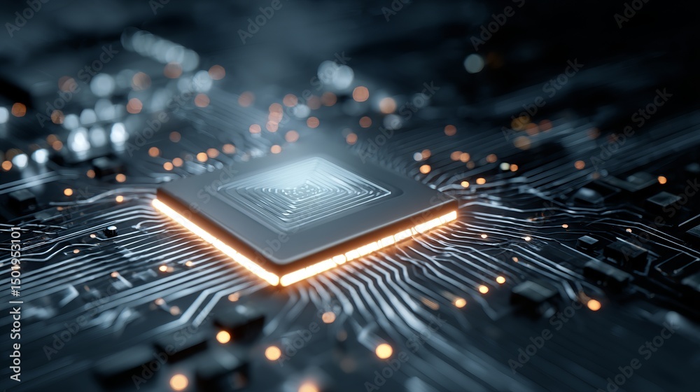 Fototapete High Tech Circuit Board Digital Microchip Technology Innovation Modern Electronic Hardware Detailed Closeup Futuristic Design Powerful Processor Advanced Computer Component Glowing