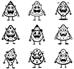 Black and White Cartoon Monster Pizza Slice Characters with Funny Faces