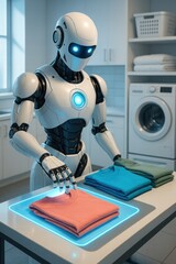 A futuristic robot efficiently folding colorful towels in a modern laundry room, showcasing advancements in technology and home automation.