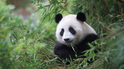 Fototapeta premium Adorable Giant Panda Eating Bamboo Lush Green Nature Wildlife Photography Beautiful Peaceful Serene Tranquil Animal Conservation Endangered Species Wild Animal China Bamboo Forest 