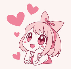 Cute anime girl with pink hair bow vector illustration