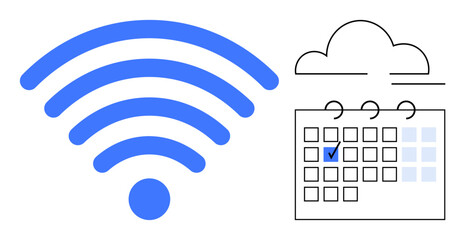 Blue wireless signal icon, floating cloud, and outlined calendar with a marked day. Ideal for technology, cloud computing, connectivity, organization, time management, scheduling digital planning