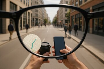 Smart glasses overlaying map navigation while walking in urban street holding coffee and phone