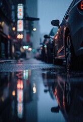 Rainy urban street with parked cars and neon lights reflected in water puddles during heavy downpour