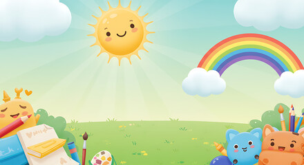 Cartoon Landscape with Sun, Rainbow, and Art Supplies