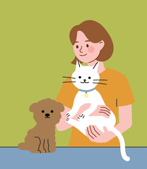 Woman Holding a White Cat and a Brown Dog
