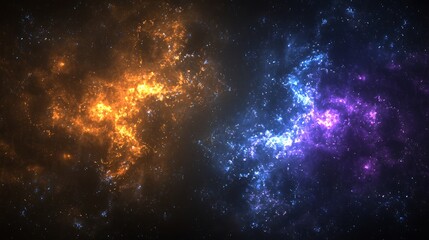 Naklejka premium A vibrant cosmic abstract background with deep blues, purples, and fiery oranges blending into each other, resembling the beauty of a distant galaxy.