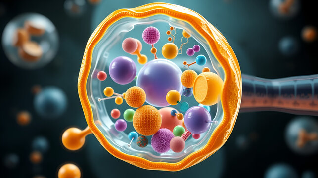 Subunits inside eukaryotic cell, nucleus and organelles and plasma membrane  3d illustration