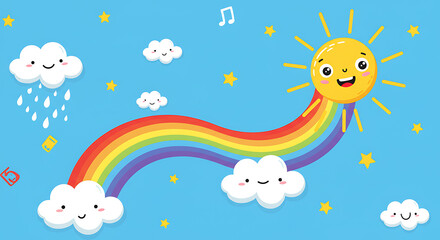 Cartoon Sun and Rainbow with Clouds and Stars