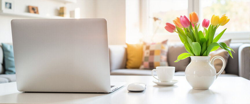 Cozy living room with laptop and colorful vase, simplicity and tranquility