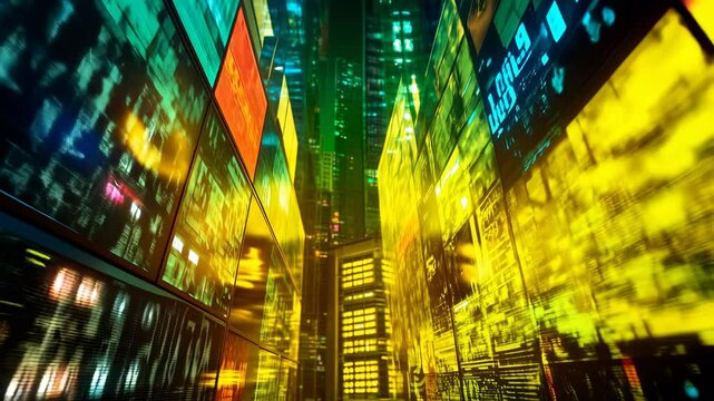 Vibrant digital cityscape with glowing screens, data streams, multicolor urban environment showcasing technological complexity and information flow.