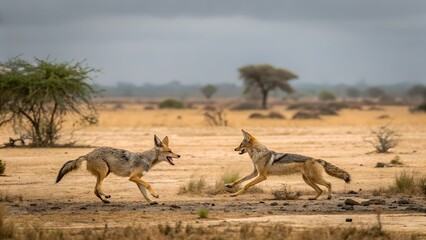 Two jackals playing in an open dry forest clearing