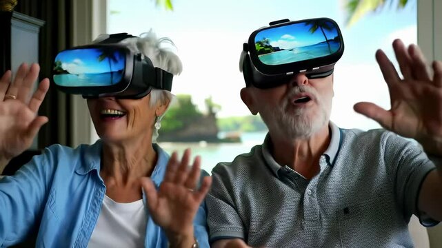 Elderly Caucasian Couple Enjoying Virtual Reality Experience with Headsets                                            