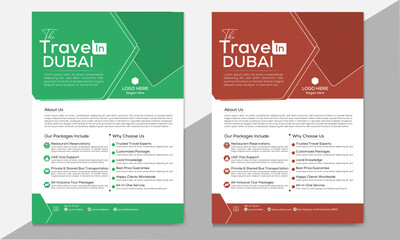 vacation travel flyer or poster design template with green and gray red color 