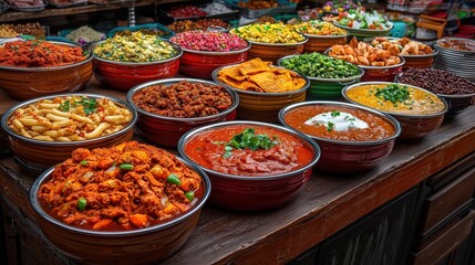 Fototapeta premium Vibrant display of assorted dishes in bowls at a market.