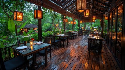 Fototapeta premium Cozy restaurant interior surrounded by lush greenery.