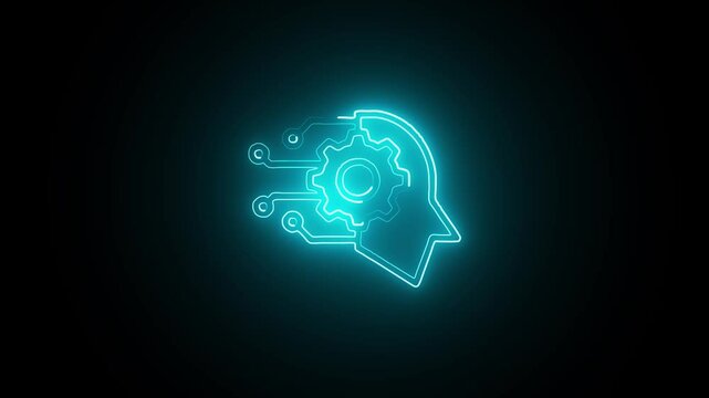 Looping Cyber Sky Blue Machine Learning Icon Animation. Machine Learning Concept Animation with Sky Blue Lights. Glitch-Style Sky Blue Neon Machine Learning Icon Loop.