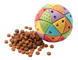 Pet treat puzzle ball png food dispensing toy for pets png interactive rolling treat ball png dog enrichment toy png brain teaser for cats png transparent background