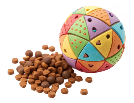 Pet treat puzzle ball png food dispensing toy for pets png interactive rolling treat ball png dog enrichment toy png brain teaser for cats png transparent background